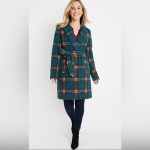 Maurices Teal Plaid Belted Pea Coat